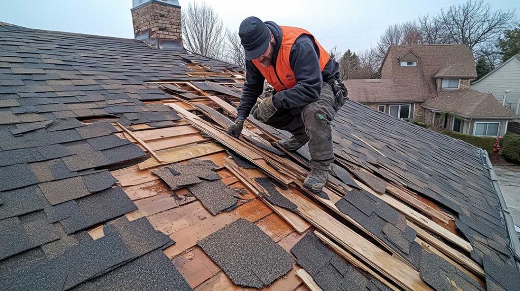 Person examining worn roof shingles for damage with a close-up view of dark streaks and curled edges.