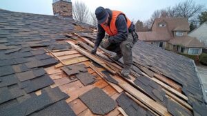 Person examining worn roof shingles for damage with a close-up view of dark streaks and curled edges.