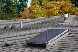 Homeowner inspecting roof shingles from the ground while clean gutters and downspouts surround a house.